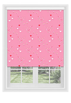 Chorley Pink - Rose pink blackout blind with hearts and confetti. Available with a white plastic or chrome chain.
