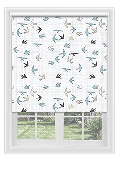 Evesham Swallows - A great blackout nursery blind with blue, white & grey birds. Available with a white plastic or chrome chains.
