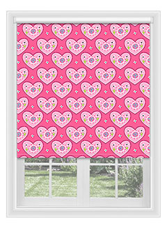 Lynton Hearts - Light pink hearts on a rose pink background. This blackout blind is available with a white plastic or chrome chain.
