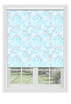 Malton Cerulean - Blackout blind with light cyan & grey hearts on an off white background. This delicate design would definitely bring a smile to your little one’s room.
