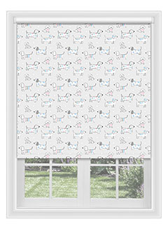 Mayfair Puppies - Blackout blind with cute little dogs with stripes & dots. Available with a white plastic or chrome chain.
