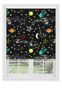 Paignton Planets - Solar planet with bright colourful shades in yellow, blue&rsquo;s, reds and white on a black background. This blackout blind is available with a white plastic or chrome chain.
