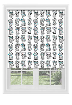 Prenton Blue - Cute kittens in light blue & white wearing hats and glasses on a white background. This blackout blind is available with a white plastic or chrome chain.
