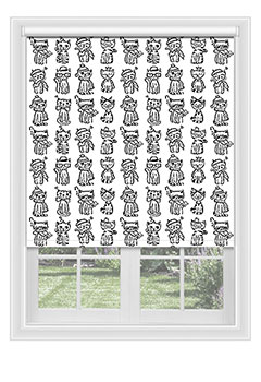 Prenton White - Blackout blind with white & black kittens wearing hats, glasses & scarfs. Available with a white plastic or chrome chain.
