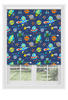 Romsey Rocket - A colourful rocket & astronaut blackout blind with a blue background. This would be perfect in a child&rsquo;s bedroom or playroom. Available with a white plastic or chrome chain.
