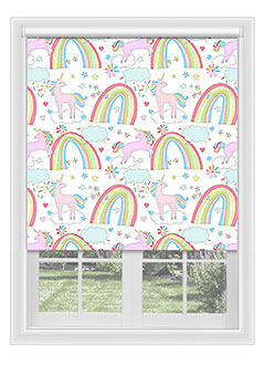 Runcorn Fun - Blackout blind with unicorns & rainbows in shades of baby pink, blue, yellow & green. This beautiful shade will make your child’s dreams come true.
