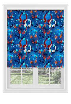 Rye Blue - Colourful blackout blind with bright red, orange, white & blue headphones. This cool design is ideal for a teenager&rsquo;s room.
