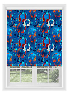 Rye Blue - Colourful blackout blind with bright red, orange, white & blue headphones. This cool design is ideal for a teenager’s room.
