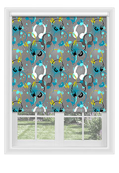 Rye Grey - Funky blackout blind with headphones in shades of white, cyan, yellow & grey. Available with a white plastic or chrome chain.
