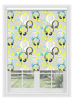 Rye Yellow - Bright & colourful patterned fabric with yellow, white, grey, cyan & blue headphones. This blackout is perfect for any teenager&rsquo;s room.
