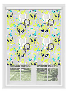 Rye Yellow - Bright & colourful patterned fabric with yellow, white, grey, cyan & blue headphones. This blackout is perfect for any teenager’s room.
