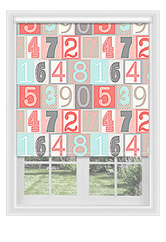 Trevone Numbers - Blackout blind with numbers in shades of sky blue, pink& beige & white, this shade would be perfect for any child’s room. Available with a chrome metal or white plastic chain.
