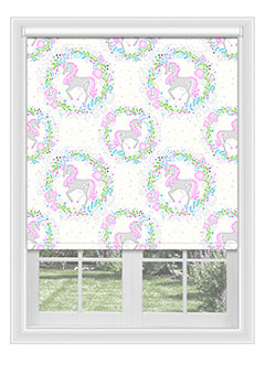 Unicorn Blush - Blackout blind with light pink unicorns in a ring of flowers, this shade would be perfect for any child’s room. Available with a white plastic or chrome metal chain.
