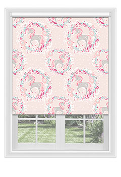 Unicorn Pink - Pink & grey unicorns design on a baby pink background, this cute blackout blind is ideal for a nursery or a playroom. This is available with a chrome metal or white plastic chain.
