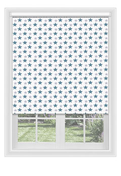 Washington Blue - Blackout blind with blue & grey stars on a white background, this shade is a must have for any child&rsquo;s room. Available in a chrome metal or white plastic chain.

