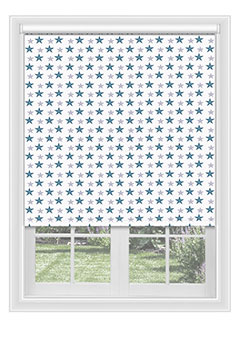 Washington Blue - Blackout blind with blue & grey stars on a white background, this shade is a must have for any child’s room. Available in a chrome metal or white plastic chain.
