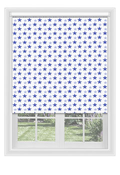 Washington Neon Blue - Neon blue & grey stars on a white background, this blackout blind is perfect for those seeking a good night sleep. Available with a chrome metal or white plastic chain.

