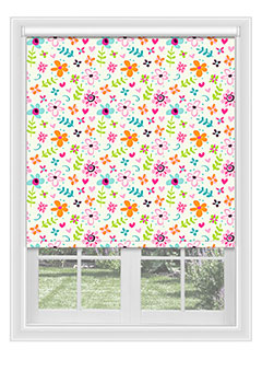 Whitby Blossom - Colourful blackout blind in shades of orange, blue, green, pink and purple, this blind is available with a white plastic or chrome metal chain.
