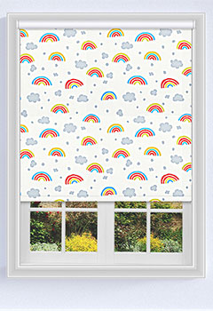 Happy Rainbows Multi - Bring the joy of rainbows into your child's bedroom with our Happy Rainbows Multi roller blind. Our made-to-measure roller blind is available in a printed pattern of rainbows and features a blockout fabric that's suitable for moist conditions and is wipeable. Customize it to fit up to 194cm width and 300cm drop.