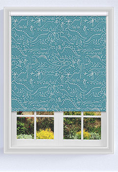 Rex Teal - Our Rex Teal blackout roller blind is perfect for keeping out the light, and features a fun dinosaurs pattern against a blue teal background. The fabric is suitable for moist conditions, making it perfect for kids rooms. Plus, it is wipeable so you can keep it looking good long term.