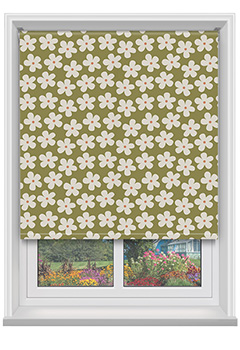 Daisy Khaki - Add a pop of pattern with the Daisy Khaki Blackout Roller Blind. The soft khaki backdrop paired with delicate cream and peach daisies creates a cosy, relaxed feel without being too busy. It&rsquo;s designed to keep rooms darker by blocking light and UV rays, helping with rest and comfort. The fabric is treated to stay fresher for longer, while the made-to-measure fit makes it a practical choice for everyday family spaces.
