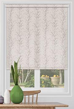 Treviso Pomelo - Patterned roller shade with tree stems in light brown on a sparking silvery beige background, this elegant design will a luxurious feel to any window in your home.