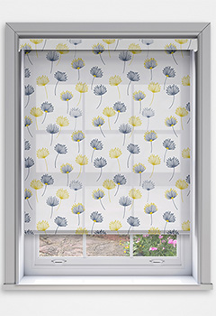 Calista Citrus Dimout with Cassette - The Calista Citrus Dimout Cassette Roller Blind brings a fresh and modern vibe to your space with its charming dandelion pattern in grey and yellow. Made to measure for a precise fit, it includes a 70mm cassette fascia with a fabric insert as standard, creating a seamless and elegant appearance. Plain cassette options are also available in white, black, or anthracite to suit your d&eacute;cor. The fabric-wrapped bottom bar adds a refined touch, while the optional Grip Fit bracket offers hassle-free, no-drill for recess installation.
