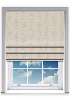 Treviso Ecru - The Treviso Ecru Roman blind exudes elegance with its enchanting forest-inspired design. The interplay of metallic fabric and textured print adds depth and movement, bringing the pattern to life. Its soft ecru hue provides a warm, neutral touch, making it a versatile choice for classic, rustic, and contemporary interiors. Fully lined as standard, it also offers blackout lining for privacy and light control or thermal interlining for insulation. This custom-made roman blind seamlessly blends natural beauty, sophistication, and practicality.
