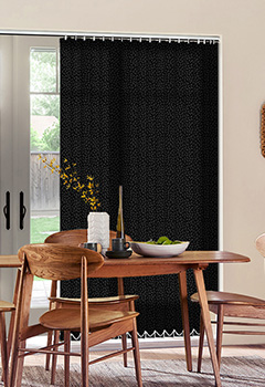 Alessi Jet - Luxurious black fabric with soft patterned tones that will merge well with modern & classic interiors. Alessi Jet custom made vertical blind available in an 89mm louvre size.
