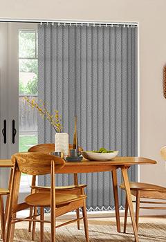 Alessi Pebble - Grey patterned fabric with subtle texture & contemporary tones. Alessi Pebble is a made to measure vertical blind available in an 89mm slat size.