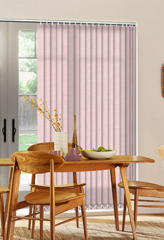 Bexley Peony - Subtle shade of pink fabric with textured weave design emulating stylish interior. Bexley Peony vertical blind custom made with 89mm louvres up to 411cm wide.  