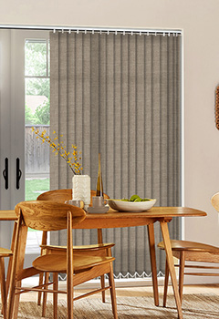 Bexley Truffle - Mocha brown in colour fabric shade designed with a textured weave that will emulate modern luxury within the home.  Bexley Truffle 89mm vertical blind custom made up to 411cm wide.  