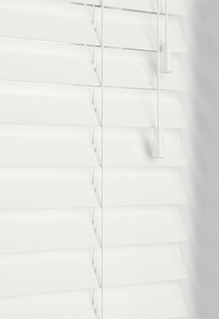 Sunwood Gloss Pure - The ultra-modern gloss collection offers this sleek gloss pure wooden blind in a gentle white shade. Comes in a 50mm slat width and the choice of cord or decorative tapes.
