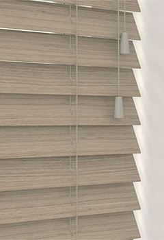 Sunwood Montana - Custom made wooden blind in a light stone grey colour with contemporary printed wood grain running through. Available in a 50mm slat this blind comes with all the fixtures and fittings.
